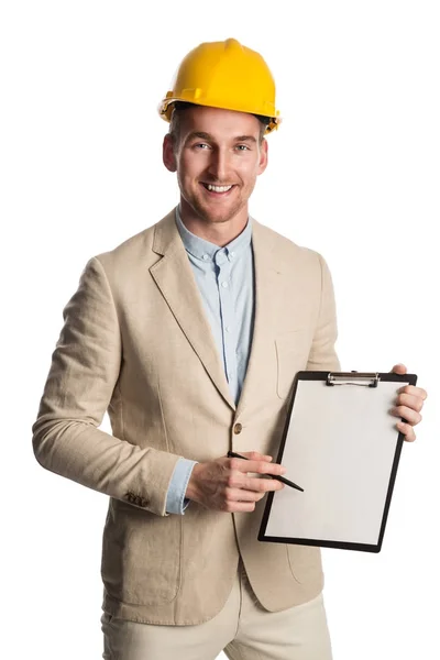 Attractive construction foreman with clipboard smiling — Stock Photo, Image