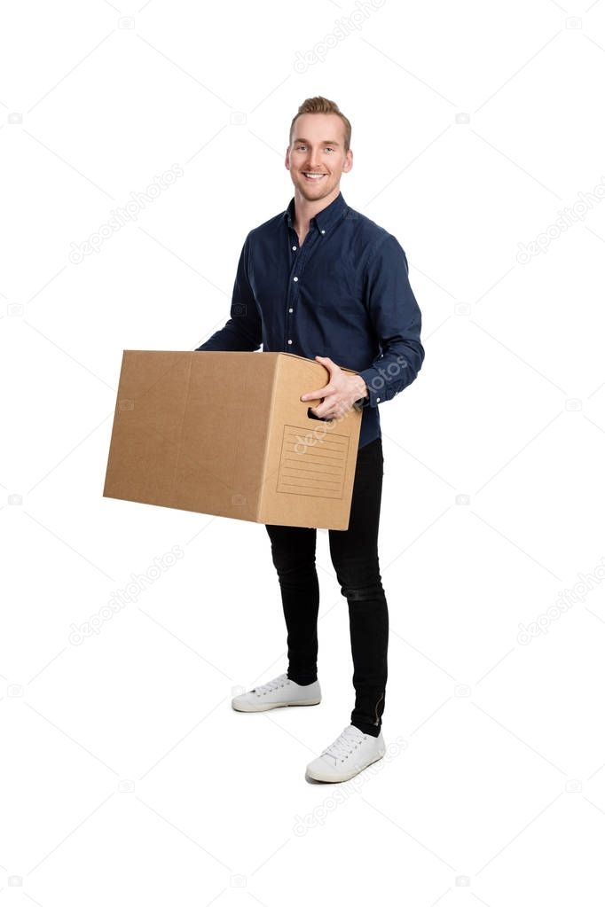 Good looking blonde man with a cardboard box