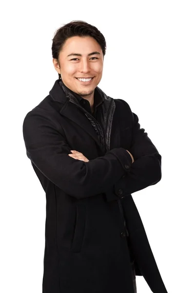 Handsome Man Wearing Warm Black Jacket Looking Camera Big Smile — Stock Photo, Image