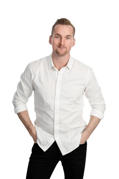 Hombre Guapo Pie Frente Fondo Blanco Con Una Camisa Blanca — Foto de Stock