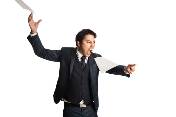 Screaming Furious Businessman Blue Suit Tie Throwing Papers Air Pointing — Stock Photo, Image