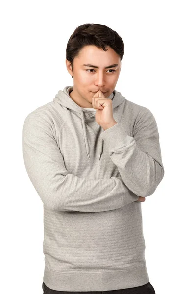 Homem Confuso Usar Capuz Cinzento Pensar Contra Fundo Branco — Fotografia de Stock