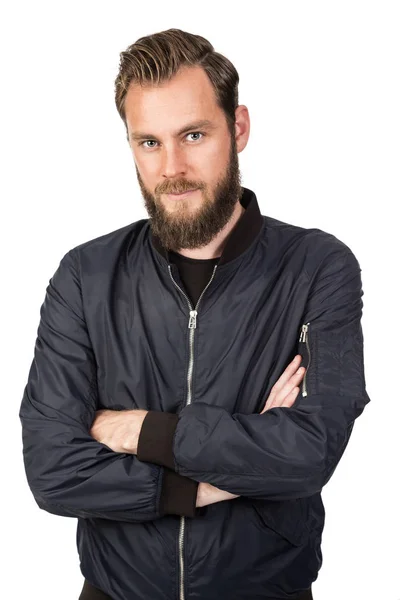 Handsome Bearded Man Standing White Background Wearing Black Tshirt Blue — Stock Photo, Image