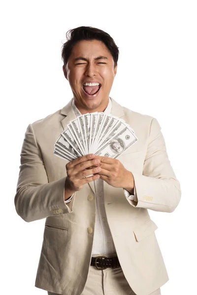Homem Gritar Fato Brilhante Segurar Grande Dinheiro Fundo Branco — Fotografia de Stock