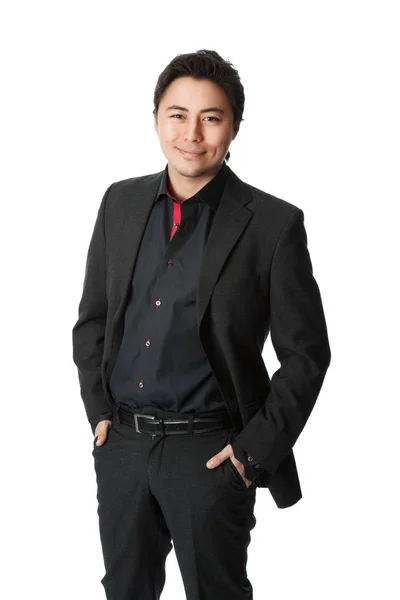 Smirking Businessman Dark Suit Shirt Standing White Background Hands Pocket — Stock Photo, Image