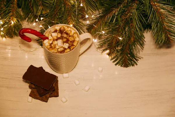 Forró kakaó mályvacukorral, tejszín és cookie-k ünnep karácsonyi háttér — Stock Fotó