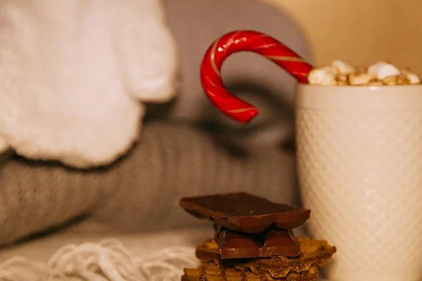 Kakaó kényelmes téli otthoni háttér, csésze forró kakaó cookie-kkal, meleg kötött pulóver — Stock Fotó