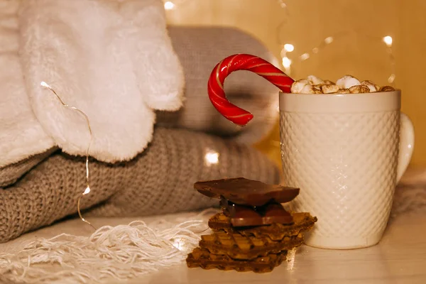 Kakaó kényelmes téli otthoni háttér, csésze forró kakaó cookie-kkal, meleg kötött pulóver — Stock Fotó