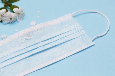 Mevsimlik bahar alerjisi çiçek konsepti. Mavi arka planda tıbbi koruyucu maskeli beyaz çiçekler. Yaratıcı düz konum, boşluğu kopyala