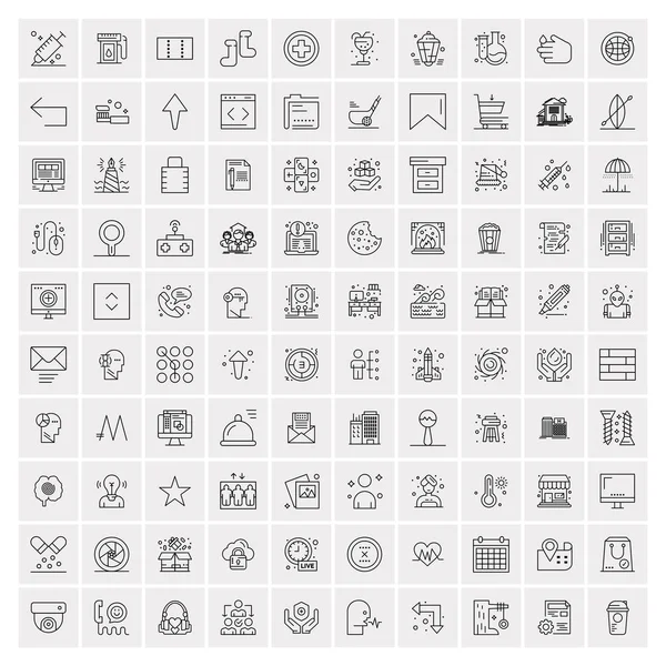 100 univerzális fekete vonal ikonok fehér háttér — Stock Vector