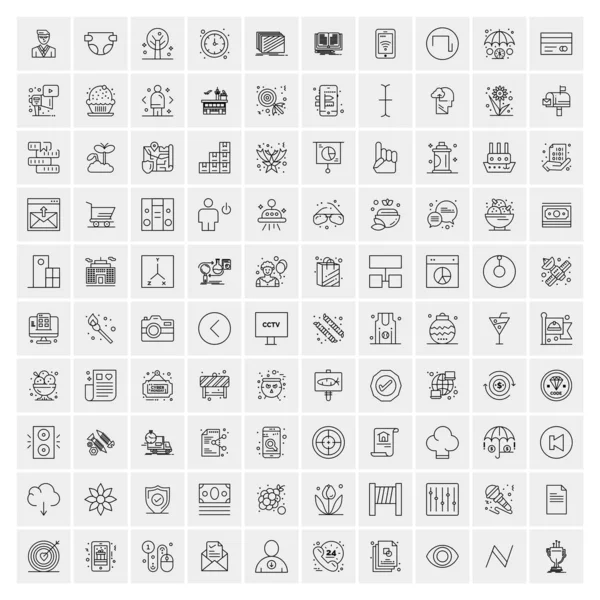 100 Universal Black Line Icons on White Background — Stock Vector