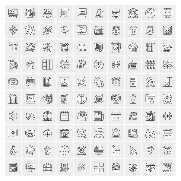 100 iconos universales de línea negra sobre fondo blanco — Archivo Imágenes Vectoriales