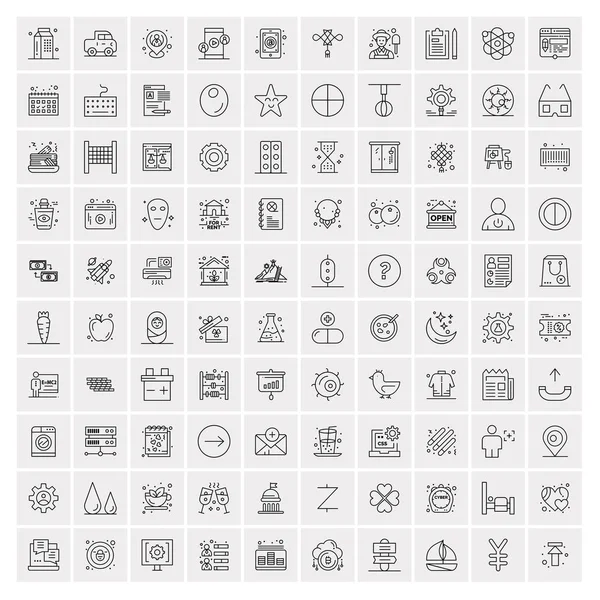 100 Universal Black Line Icons on White Background — Stock Vector