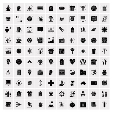 100 Business Solid Glyph simgesinden oluşan bir set