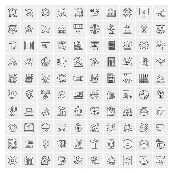 100 Universal Black Line Icons on White Background — Stock Vector