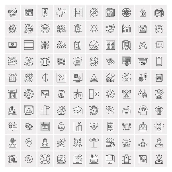 100 Universal Black Line Icons on White Background — Stock Vector