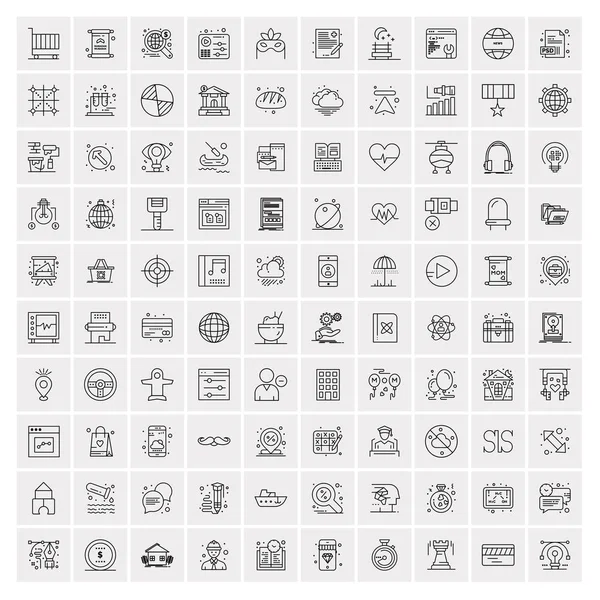 100 Universal Black Line Icons on White Background — Stock Vector