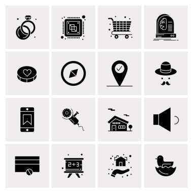 16 Evrensel İş Simgeleri Vektörü. Web ve Mobil İlişkili projelerde kullanılacak yaratıcı Simge İllüstrasyonu.