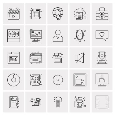 25 Evrensel İş Simgeleri Vektörü. Web ve Mobil İlişkili projelerde kullanılacak yaratıcı Simge İllüstrasyonu.