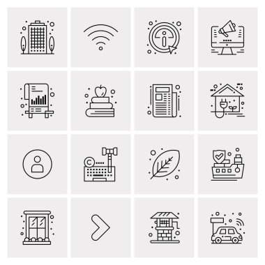 16 Evrensel İş Simgeleri Vektörü. Web ve Mobil İlişkili projelerde kullanılacak yaratıcı Simge İllüstrasyonu.