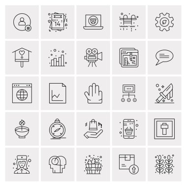 25 Evrensel İş Simgeleri Vektörü. Web ve Mobil İlişkili projelerde kullanılacak yaratıcı Simge İllüstrasyonu.