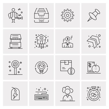 16 Evrensel İş Simgeleri Vektörü. Web ve Mobil İlişkili projelerde kullanılacak yaratıcı Simge İllüstrasyonu.