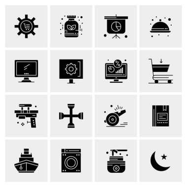 16 Evrensel İş Simgeleri Vektörü. Web ve Mobil İlişkili projelerde kullanılacak yaratıcı Simge İllüstrasyonu.