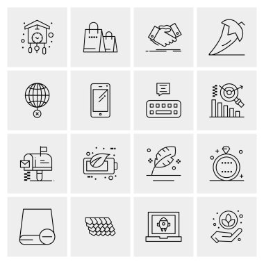 16 Evrensel İş Simgeleri Vektörü. Web ve Mobil İlişkili projelerde kullanılacak yaratıcı Simge İllüstrasyonu.