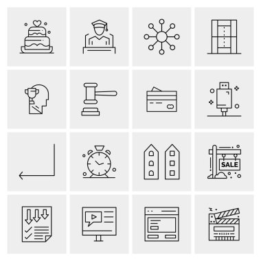 16 Evrensel İş Simgeleri Vektörü. Web ve Mobil İlişkili projelerde kullanılacak yaratıcı Simge İllüstrasyonu.