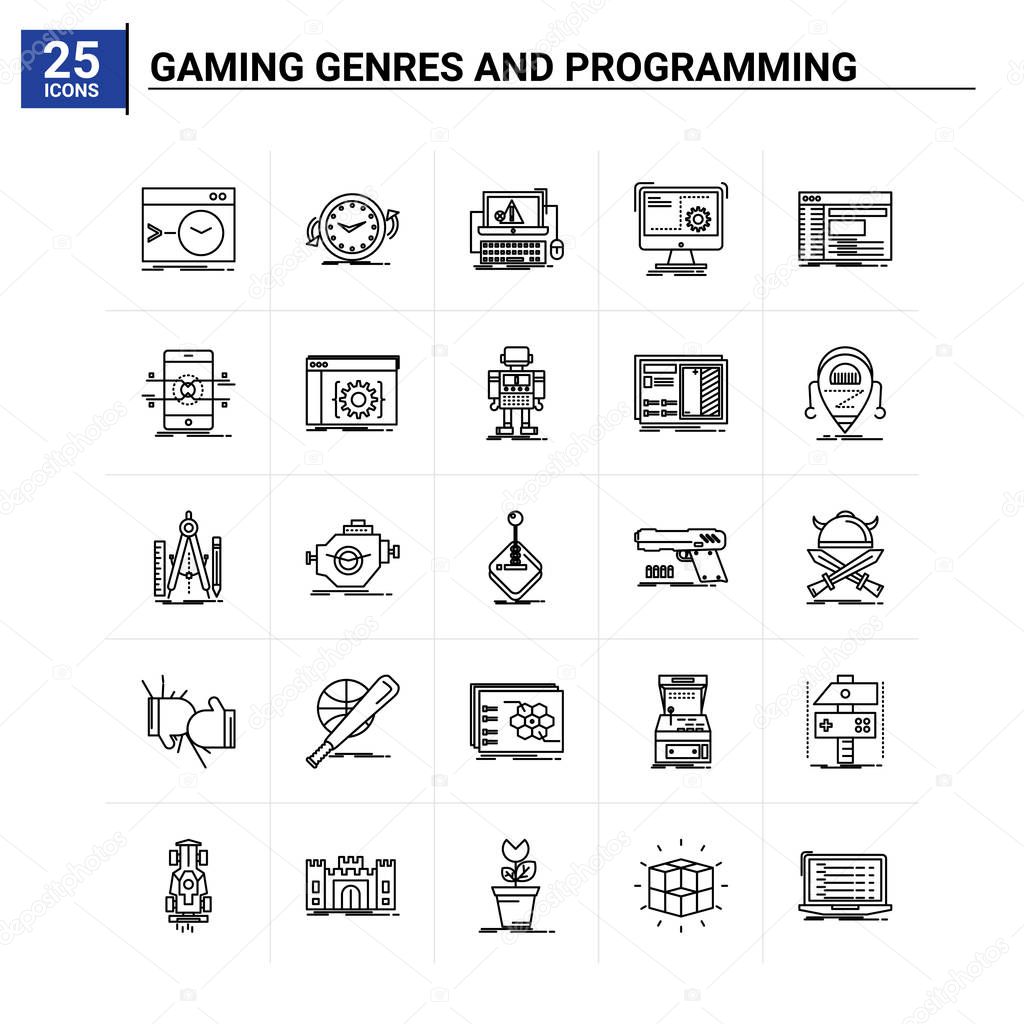 25 Gaming Genres And Programming icon set. vector background