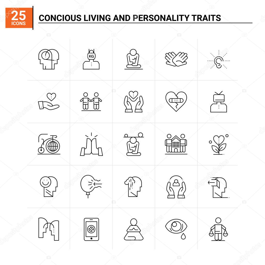 25 Concious Living And Personality Traits icon set. vector backg