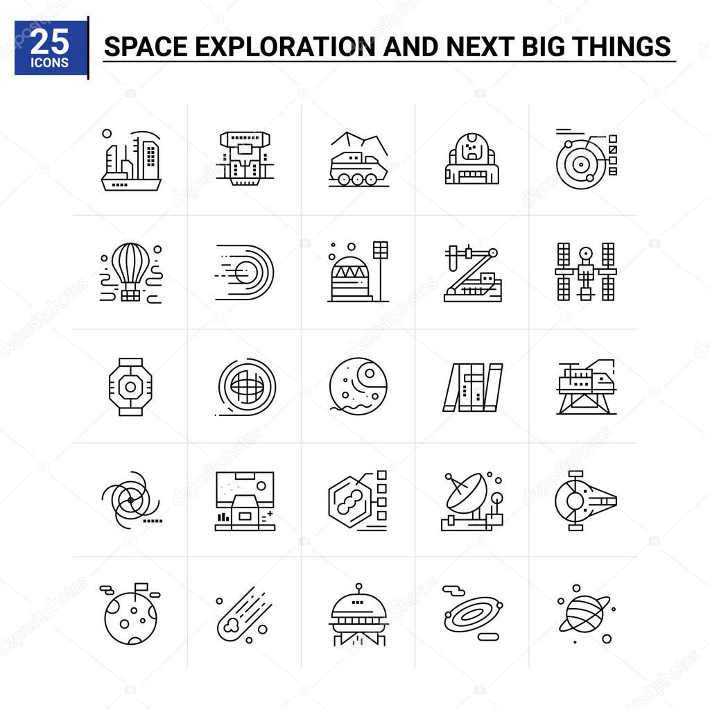 25 Space Exploration And Next Big Things icon set. vector backgr