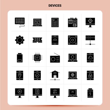 Katı 25 Aygıt Simgesi ayarlandı. Vektör Kabartma Biçimi Tasarımı Siyah Simgeler