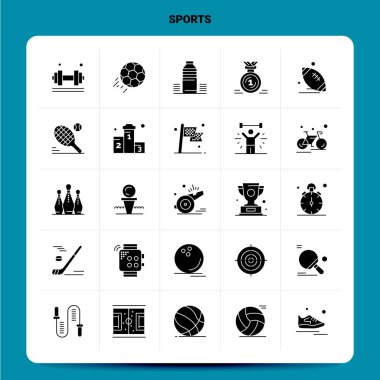 25 Sports Icon seti. Vektör Kabartma Biçimi Tasarımı Siyah Simgeler 