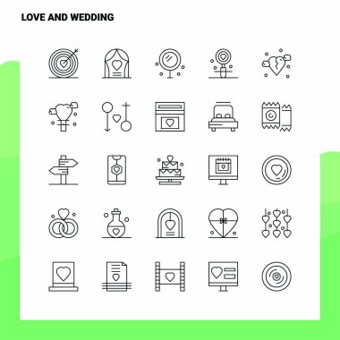 Aşk ve düğün çizgisi ikonu seti 25 Simge 'yi ayarladı. Vektör Minimalis