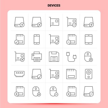 Taslak 25 Aygıt Simgesi ayarlandı. Vektör Satırı Biçimi Tasarımı Siyah Simge