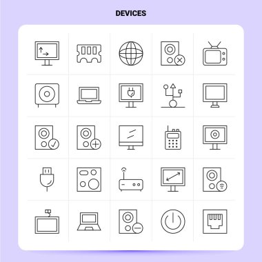 Taslak 25 Aygıt Simgesi ayarlandı. Vektör Satırı Biçimi Tasarımı Siyah Simge