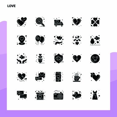 25 Love Icon seti. Solid Glyph Simge Vektör İllüstrasyon Şablonu 