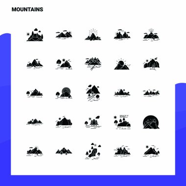 25 dağ ikonu seti. Solid Glyph Simge Vektör İllüstrasyon Sıcaklığı