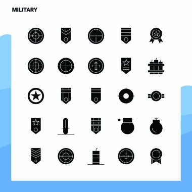 25 Askeri Simge seti. Solid Glyph Simge Vektör İllüstrasyon Templ