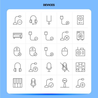 Taslak 25 Aygıt Simgesi ayarlandı. Vektör Satırı Biçimi Tasarımı Siyah Simge