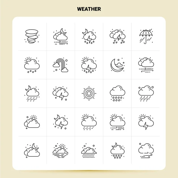 Esquema 25 Conjunto de iconos meteorológicos. Vector línea estilo diseño negro icono — Archivo Imágenes Vectoriales