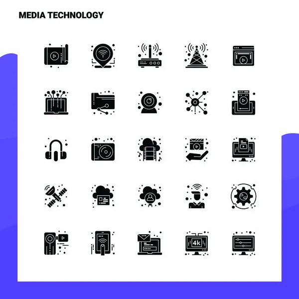 25媒体技术图标集。 固体象形图标向量Illustrati — 图库矢量图片