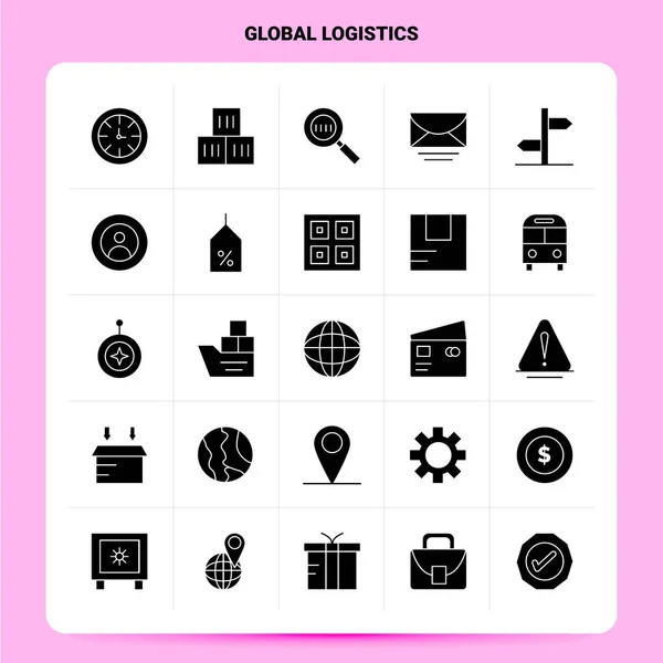 Solid 25 Icona Logistica Globale impostata. Design in stile glifo vettoriale Bl — Vettoriale Stock