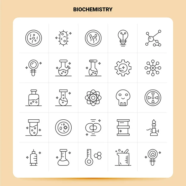 Esquema 25 Conjunto de iconos de bioquímica. Vector línea estilo diseño negro — Vector de stock