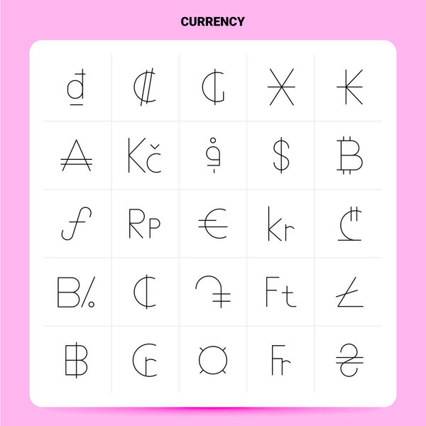 OutLine 25 Currency Icon set. Vector Line Style Design Black Ico