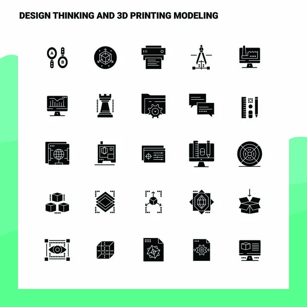 Conjunto de iconos de modelado de impresión 3D y pensamiento de diseño 25. Glyp sólido — Archivo Imágenes Vectoriales