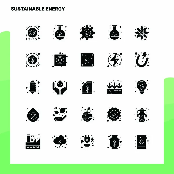 25 Conjunto de iconos de energía sostenible. Solid Glyph Icon Vector Illustra — Vector de stock