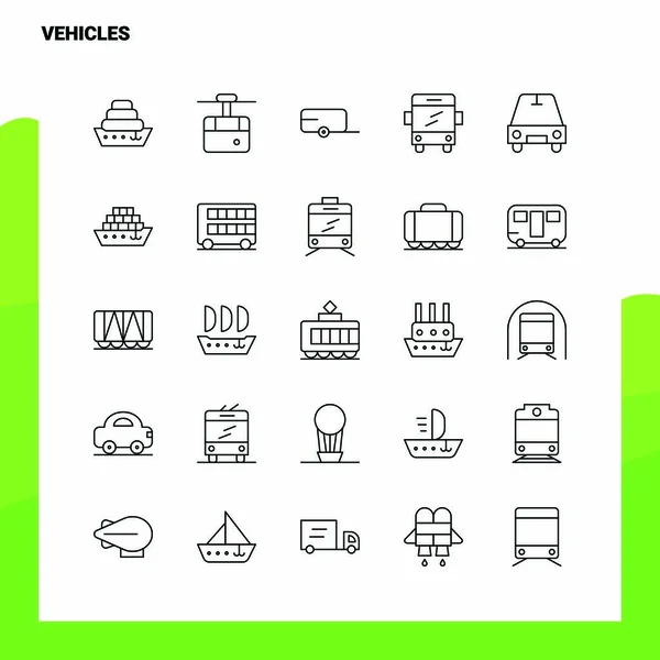 Reihe von Fahrzeugen Zeilensymbole Satz 25 Symbole. Vektor Minimalismus Stil — Stockvektor