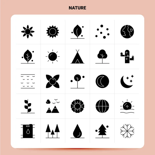 Solid 25 Conjunto de ícones da natureza. Vector Glyph Estilo Design Ícones pretos — Vetor de Stock